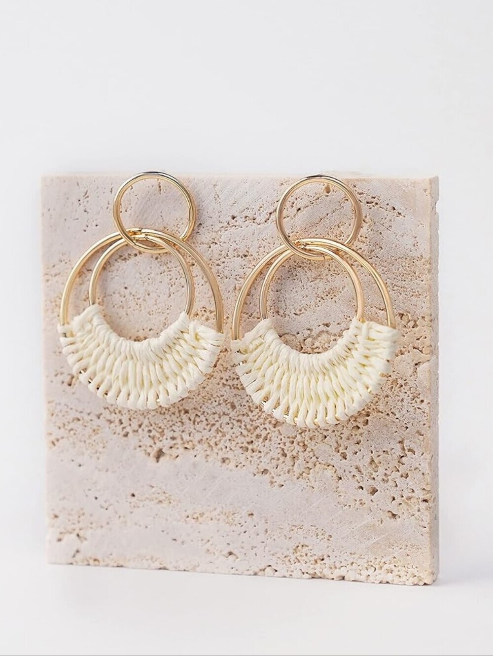 Raffia Statement Boho Gold and Cream Woven Hoop Dangle Drop Earrings